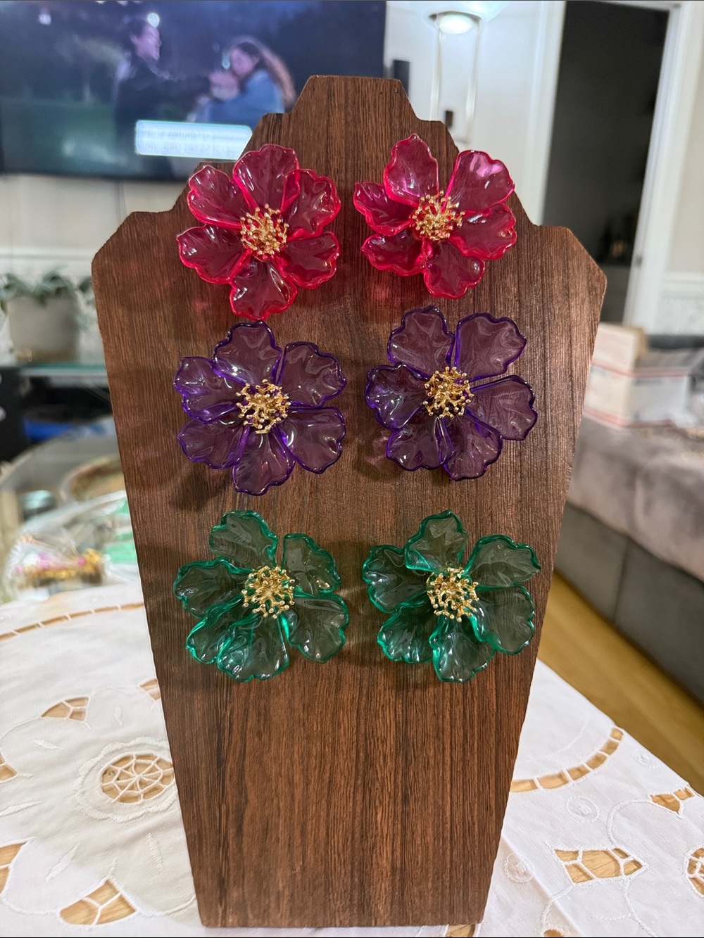 Trio of Resin Flower Earrings in Red, Purple & Green